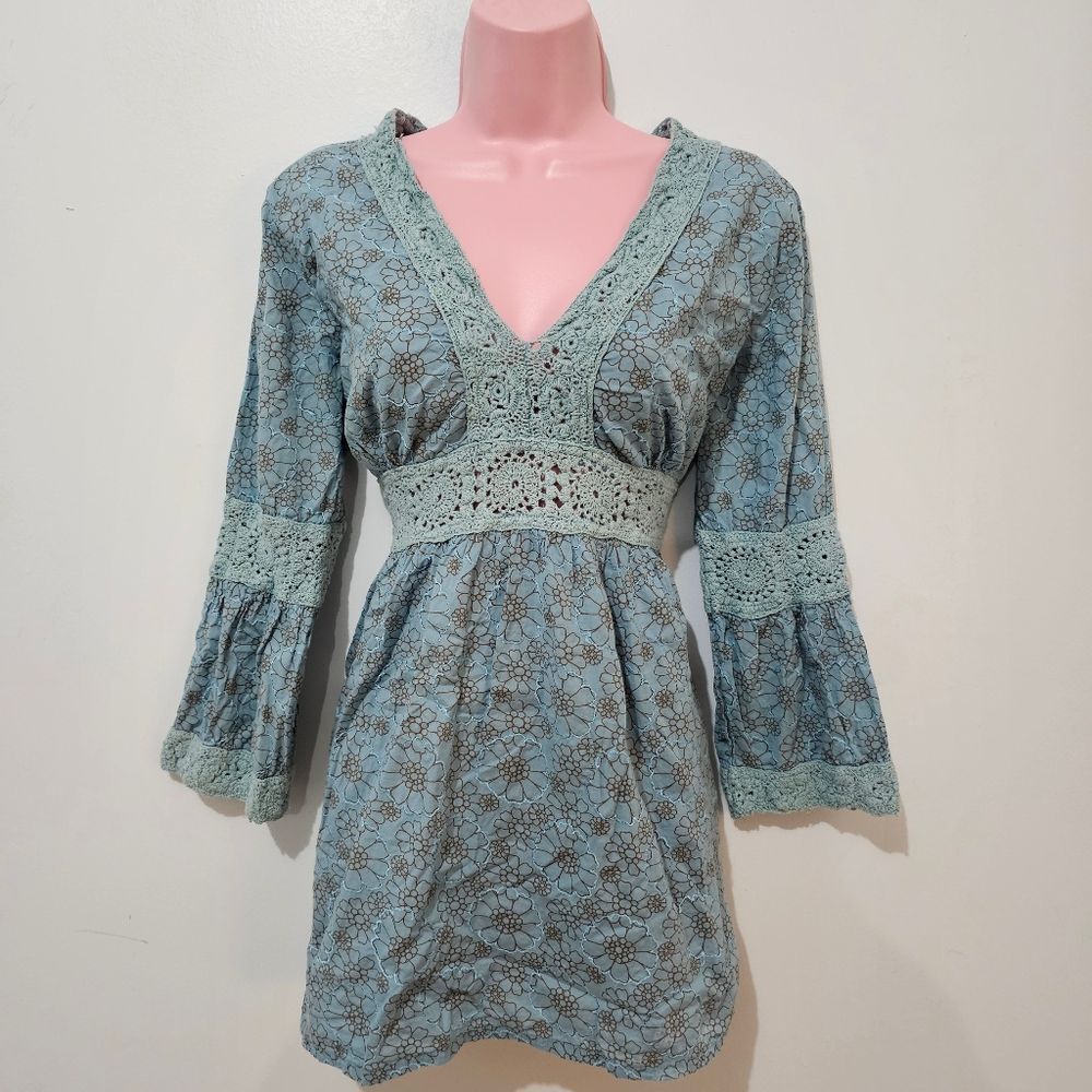 Vintage - Aventura - Blouse Crochet Trim - Size L - Blue - 100% Organic Cotton